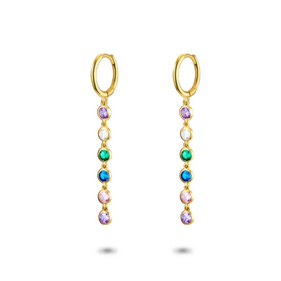 Women Twice As Nice | 18Ct Gold Plated Silver Earrings, Hoop, 6 Dangling Multicoloured Zirconia