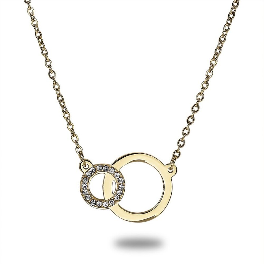 Women Twice As Nice | Gold-Coloured Stainless Steel Necklace, 2 Circles, Crystals