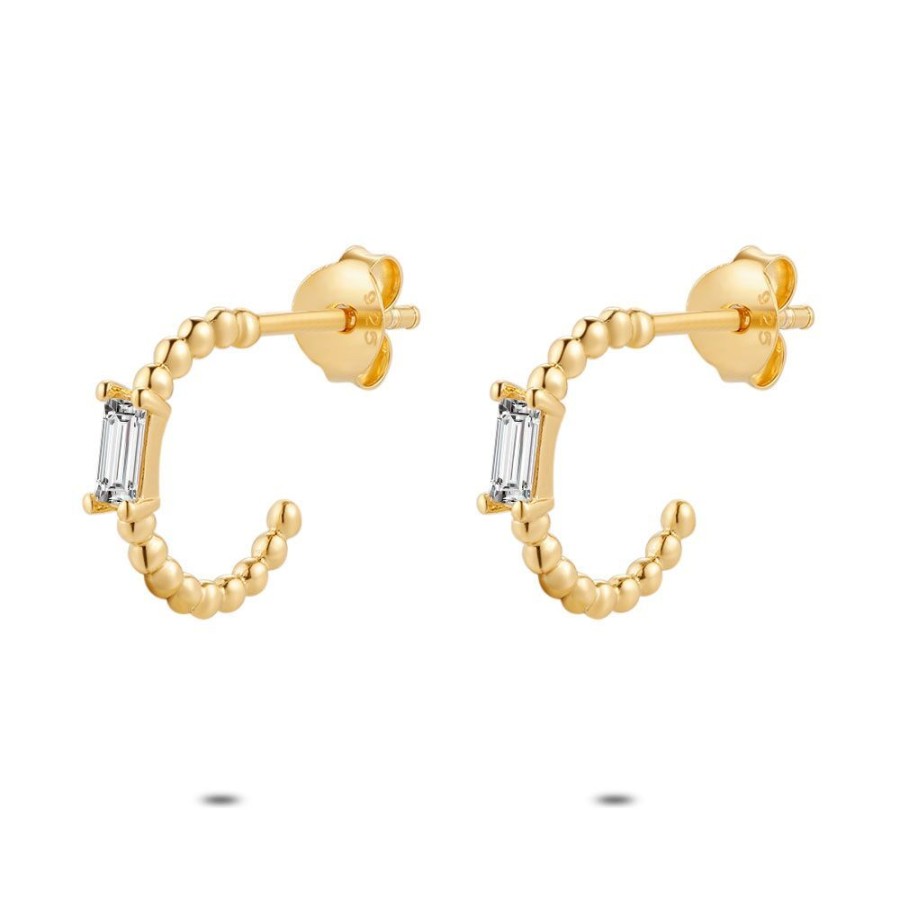 Women Twice As Nice | 18Ct Gold Plated Silver Earrings, Earring With Balls, 1 Rectangular Zirconia