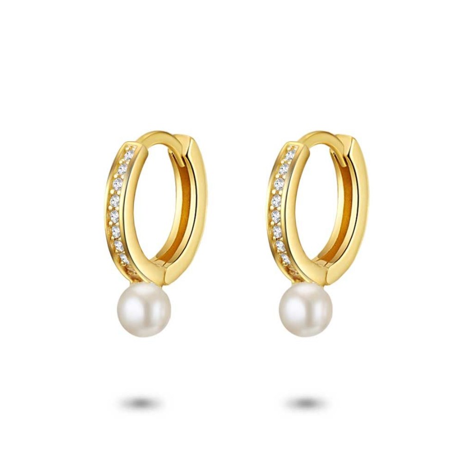 Women Twice As Nice | 18Ct Gold Plated Silver Earrings, Hoop, White Zirconia And Pearl