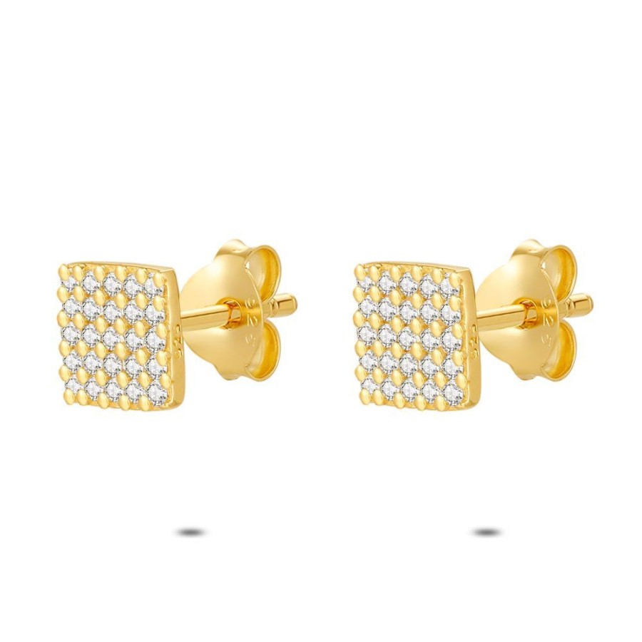 Women Twice As Nice | 18Ct Gold Plated Silver Earrings, Square Of 6 Mm, Zirconia