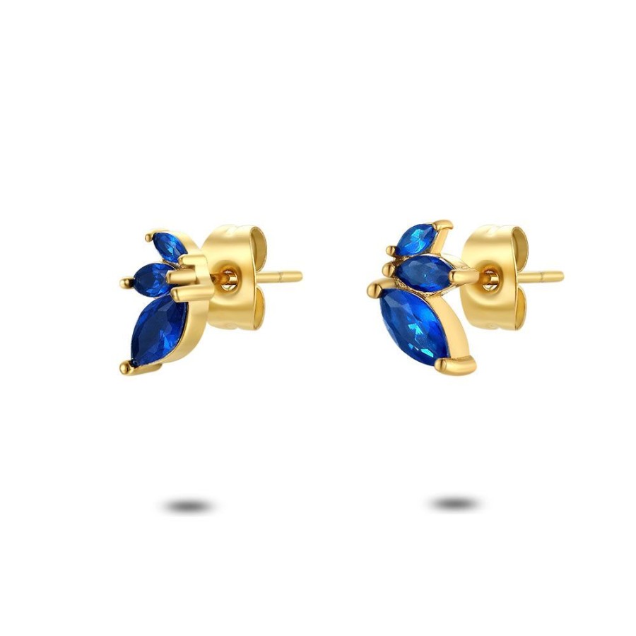 Women Twice As Nice | Earring In Gold-Coloured Stainless Steel, 3 Ellipses, Blue Zirconia