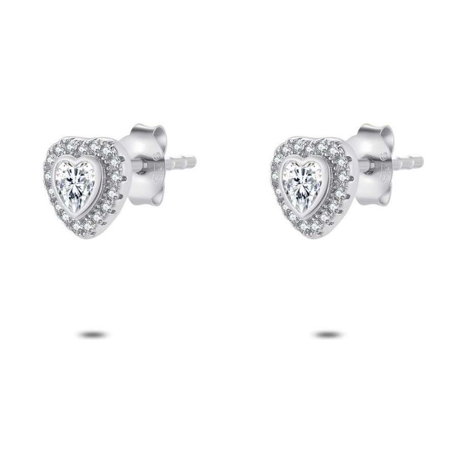 Women Twice As Nice | Silver Earrings, Heart Zirconia Surrounded By Round Zirconia