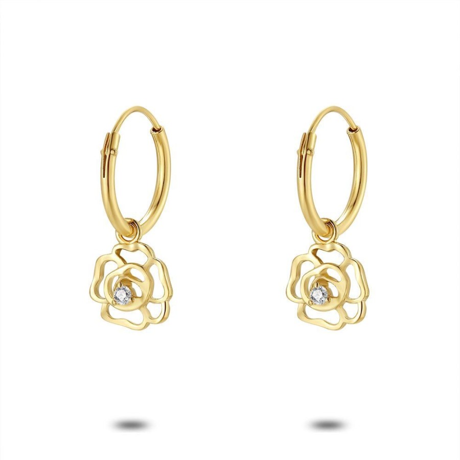 Women Twice As Nice | 18Ct Gold Plated Silver Earrings, Hoop Earring, Open Rose, Zirconia