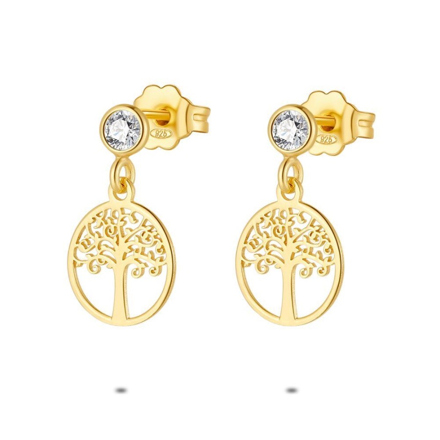 Women Twice As Nice | 18Ct Gold Plated Silver Earrings, Tree Of Life, 1 Zirconia