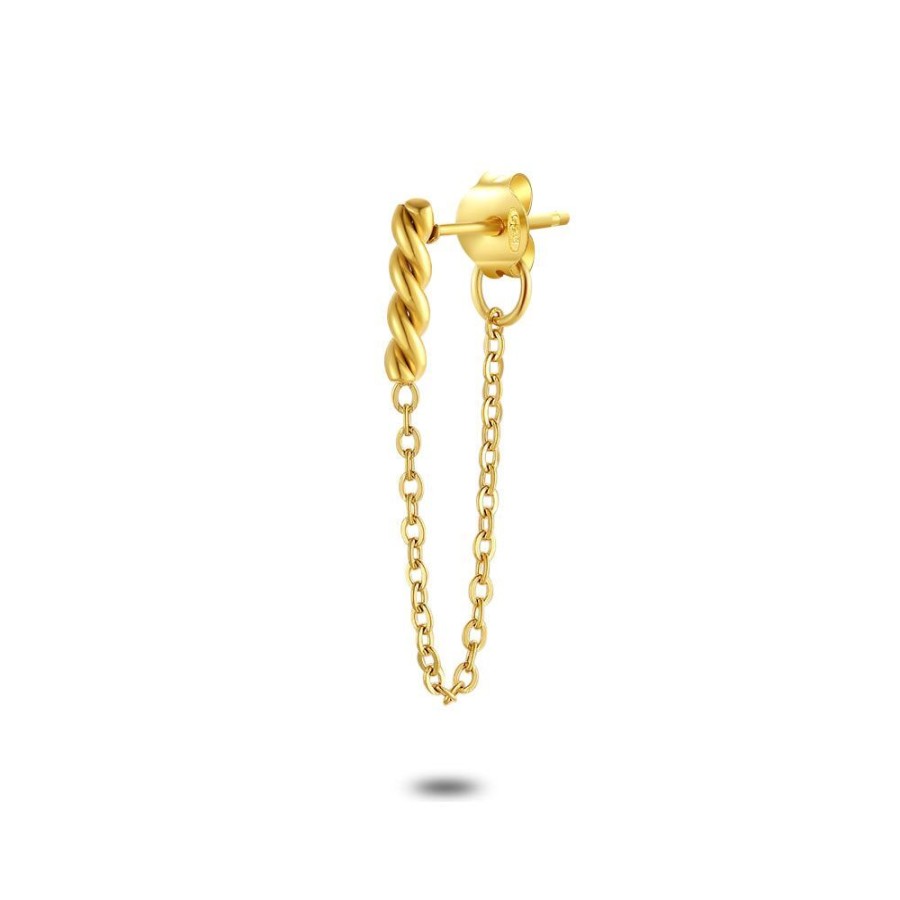 Women Twice As Nice | Earring Per Piece In Gold-Coloured Stainless Steel, Twisted Bar With Chain