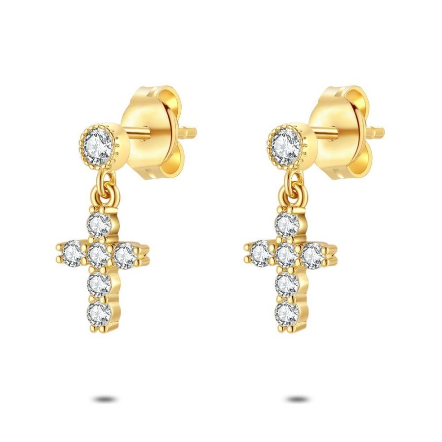 Women Twice As Nice | Earrings In 18Ct Gold Plated Silver, Hanging Cross, Zirconia