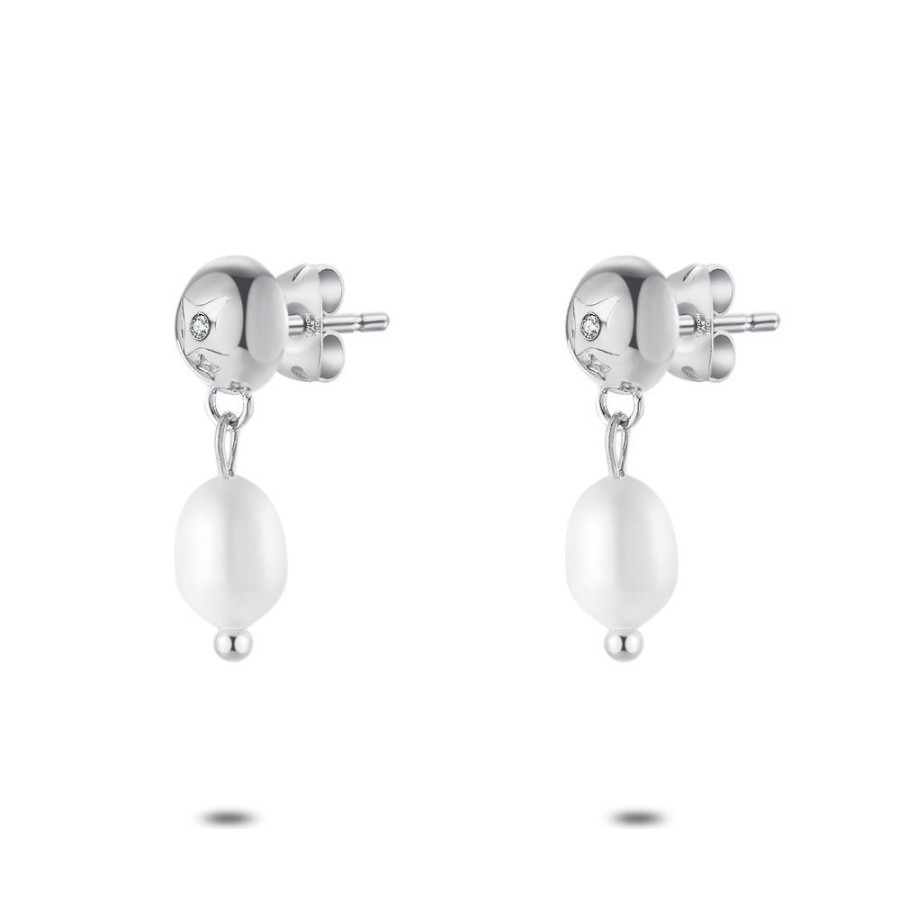 Women Twice As Nice | Stainless Steel Earrings, Half Sphere With Zirconia/ Oval Pearl