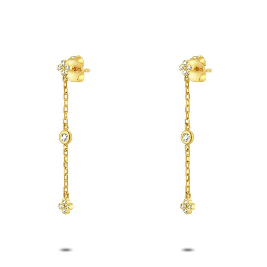 Women Twice As Nice | Silver Earrings, Golden Earring With Chain With Zirconia And Clover