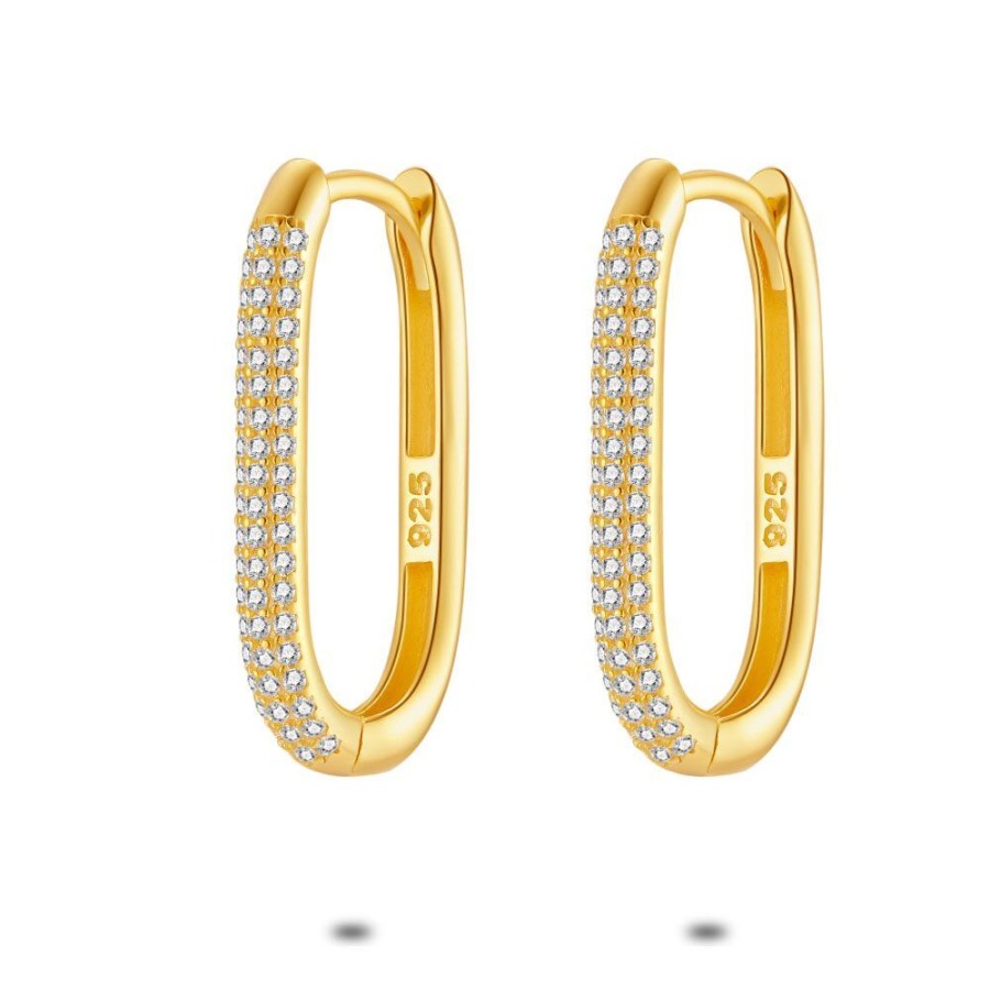 Women Twice As Nice | 18Ct Gold Plated Silver Hoop Earrings, Oval-Shaped, Zirconia, 25 Mm