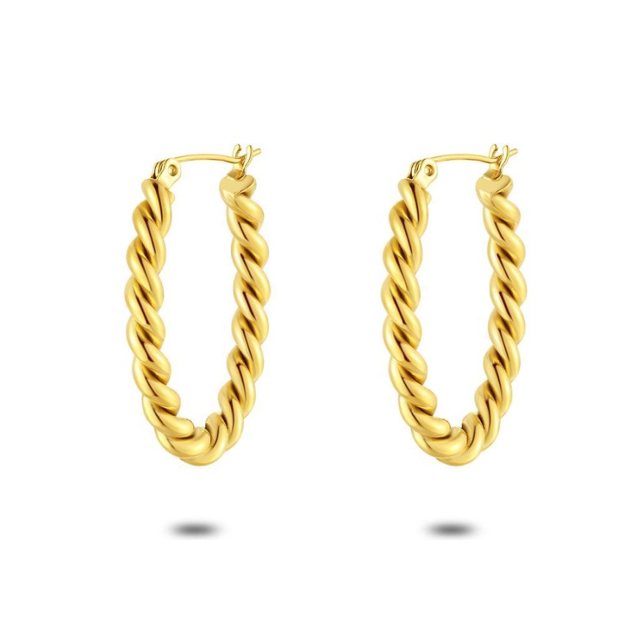 Women Twice As Nice | Oval Earrings In Gold Coloured Stainless Steel, Twisted.