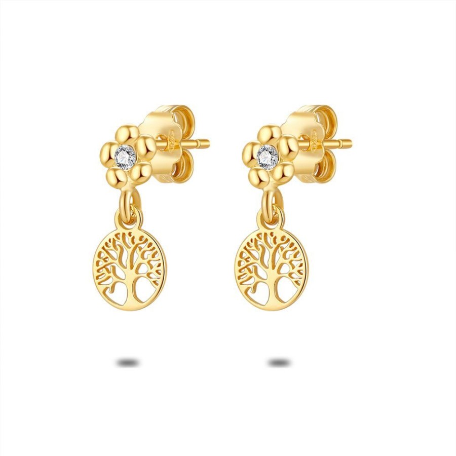 Women Twice As Nice | 18Ct Gold Plated Silver Earrings, Flower With Zirconia, Tree Of Life