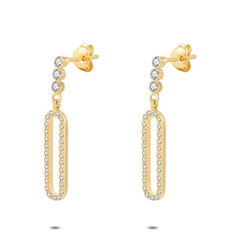 Women Twice As Nice | 18Ct Gold Plated Silver Earrings, 3 Zirconia, Open Oval With Zirconia