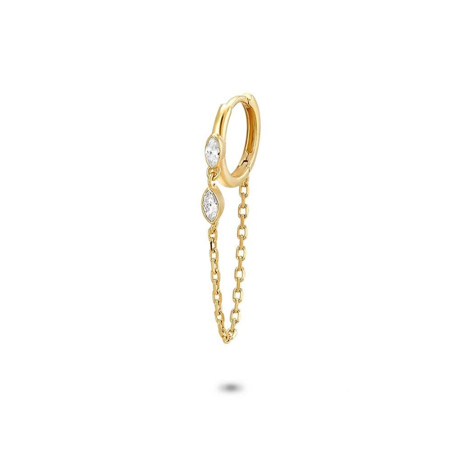 Women Twice As Nice | 18Ct Gold Plated Silver Earring, Hoop Earring, 2 Zirconia Ellipses On A Chain