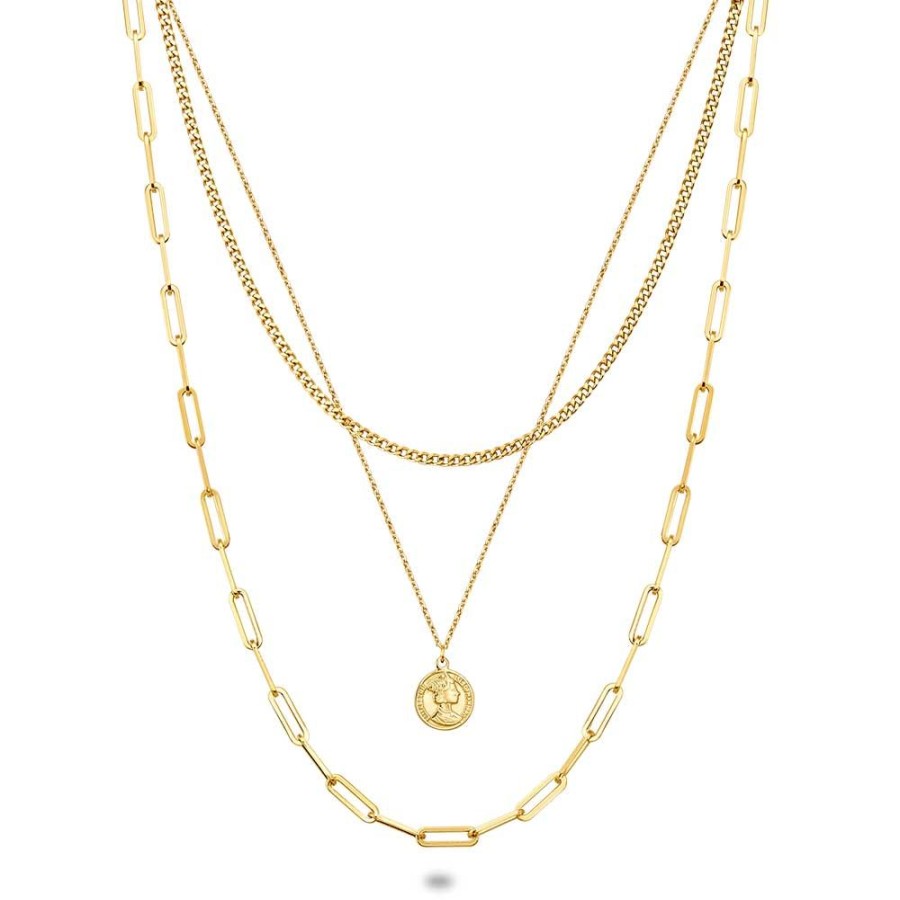 Women Twice As Nice | Gold Coloured Stainless Steel Necklace, Coin On 3 Different Chains