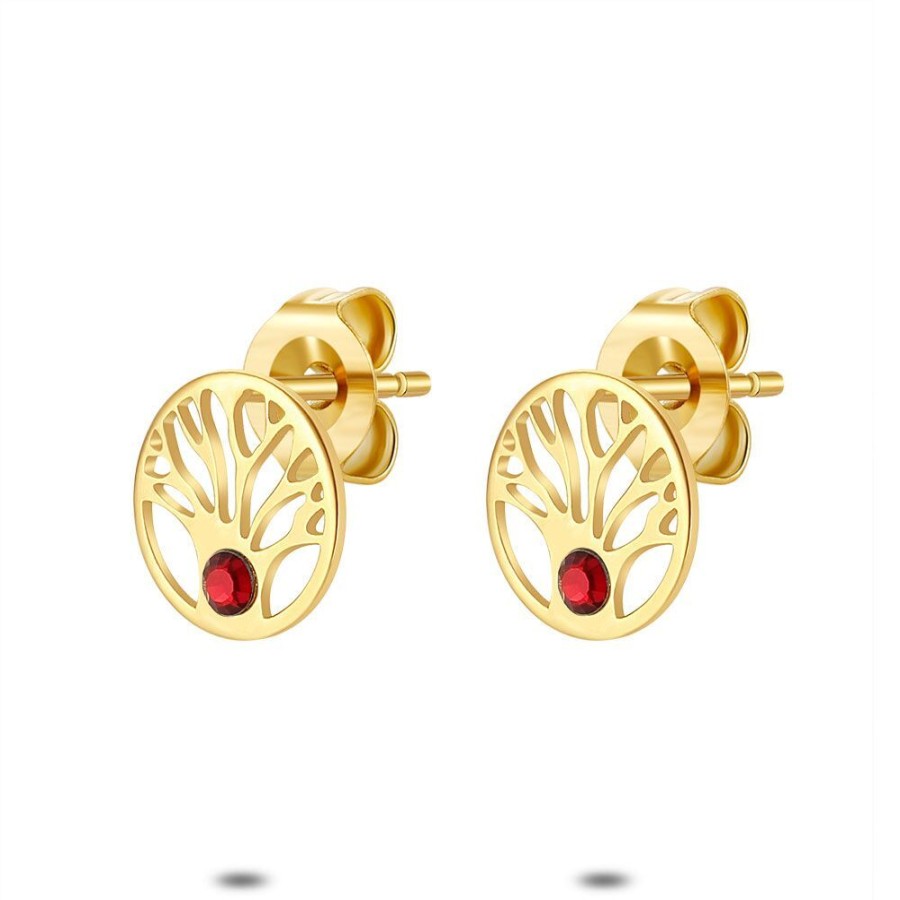 Women Twice As Nice | 18Ct Gold Plated Silver Earrings, Tree Of Life, Red Crystal