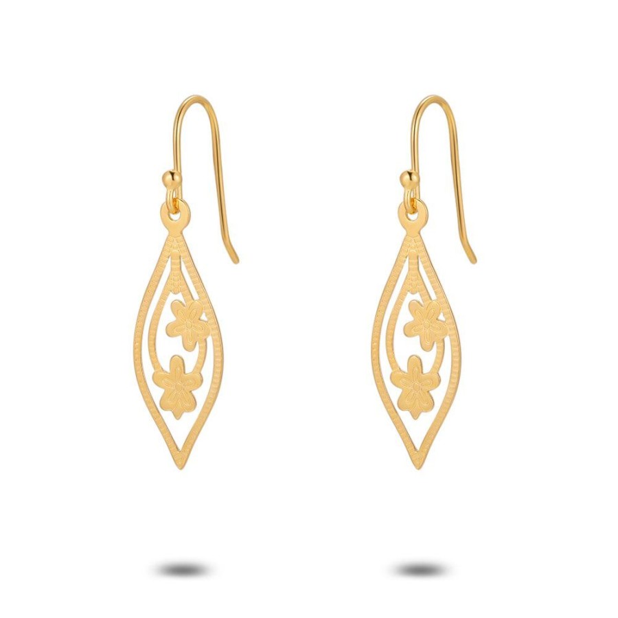 Women Twice As Nice | 18Ct Gold Plated Silver Earrings, Open Ellipse, Small Flowers