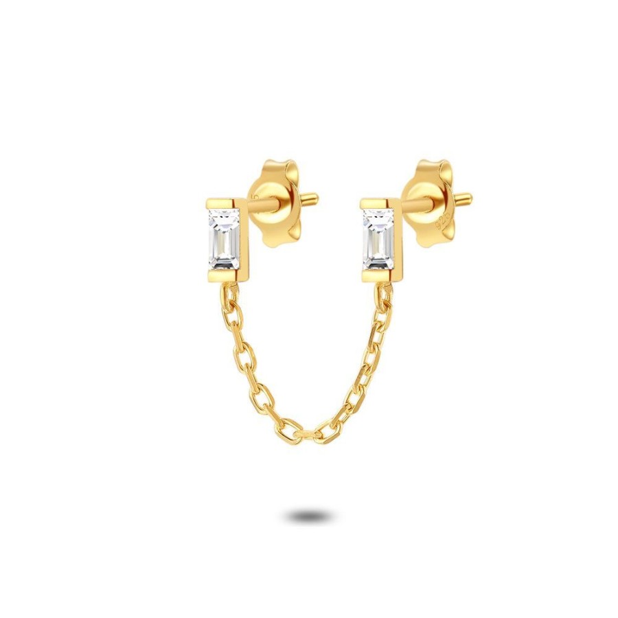 Women Twice As Nice | Earring Per Piece In 18Ct Gold Plated Silver, Rectangular Zirconia, Chain