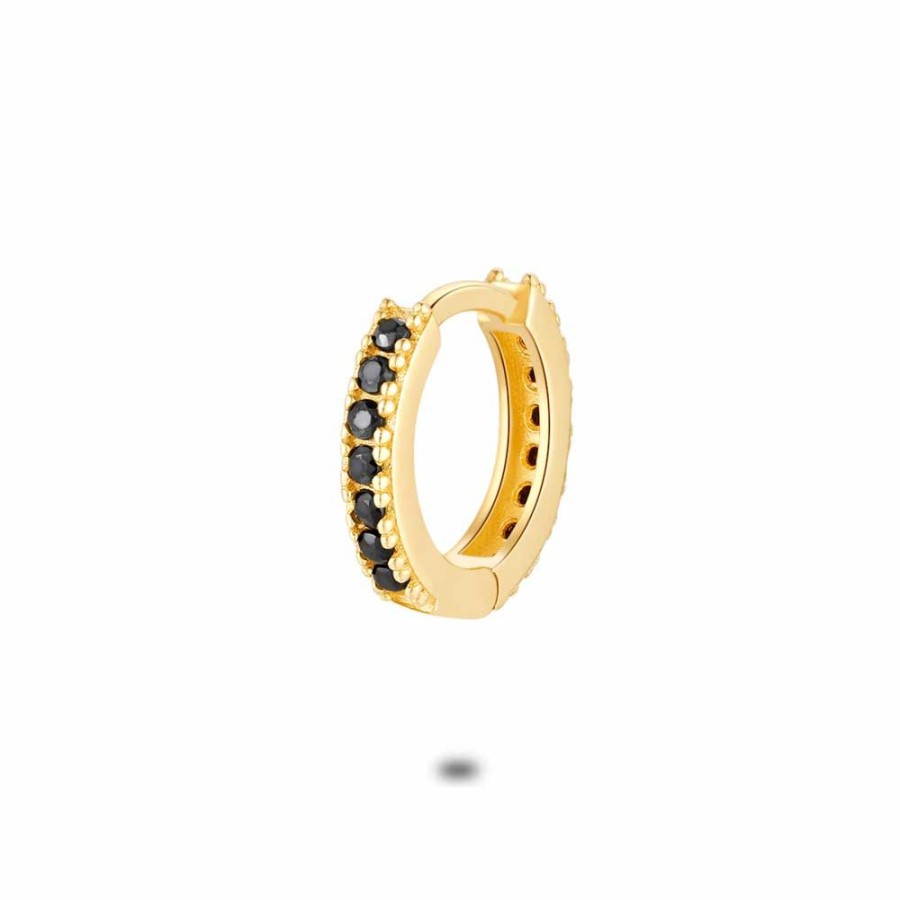 Women Twice As Nice | Earring Per Piece In 18Ct Gold Plated Silver, 12 Mm Hoop, Black Zirconia