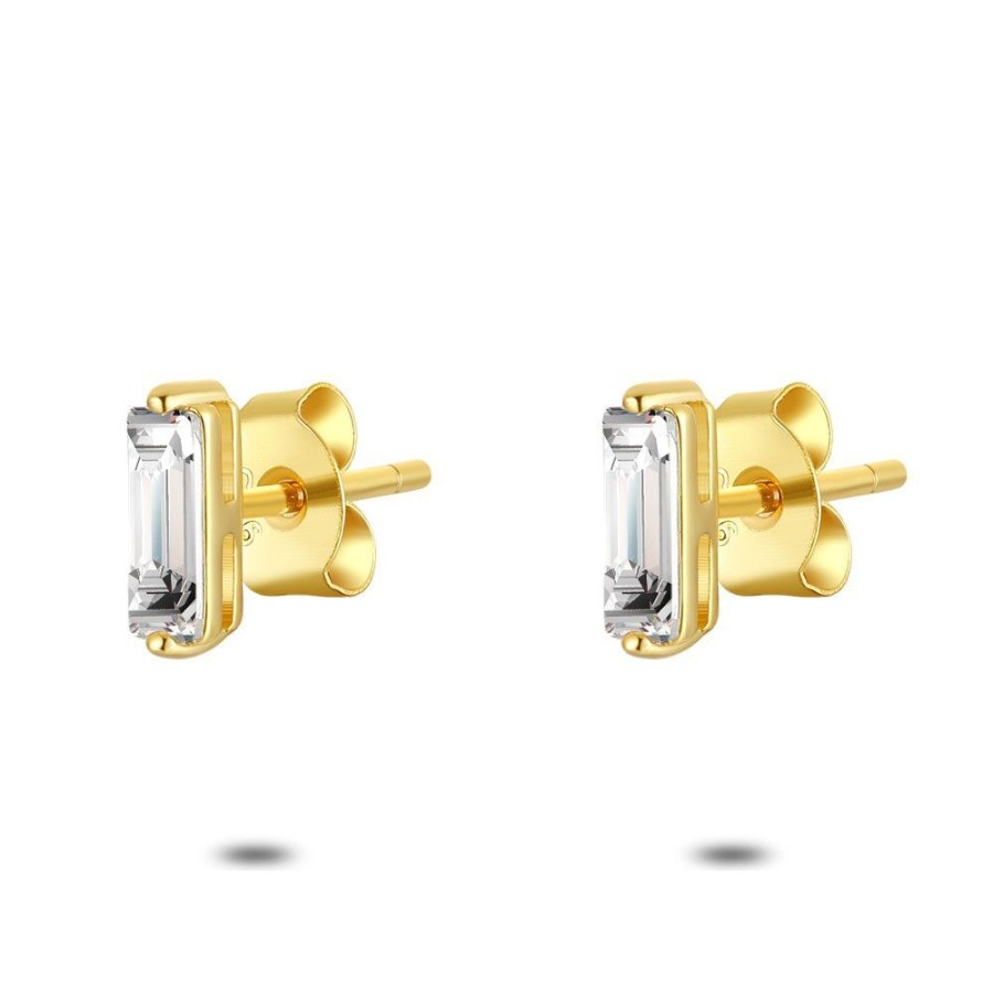 Women Twice As Nice | 18Ct Gold Plated Silver Earrings, Rectangular Crystal