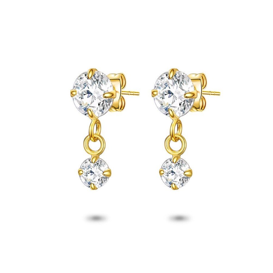 Women Twice As Nice | 18Ct Gold Plated Silver Earrings, 2 Zirconia, 6 Mm, 4 Mm