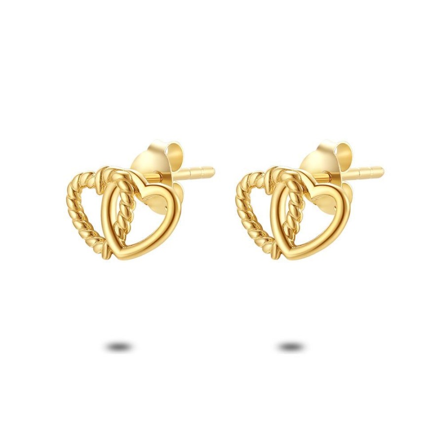 Women Twice As Nice | 18Ct Gold Plated Silver Earrings, Double Open Heart, 1 Twisted, Gold-Coloured