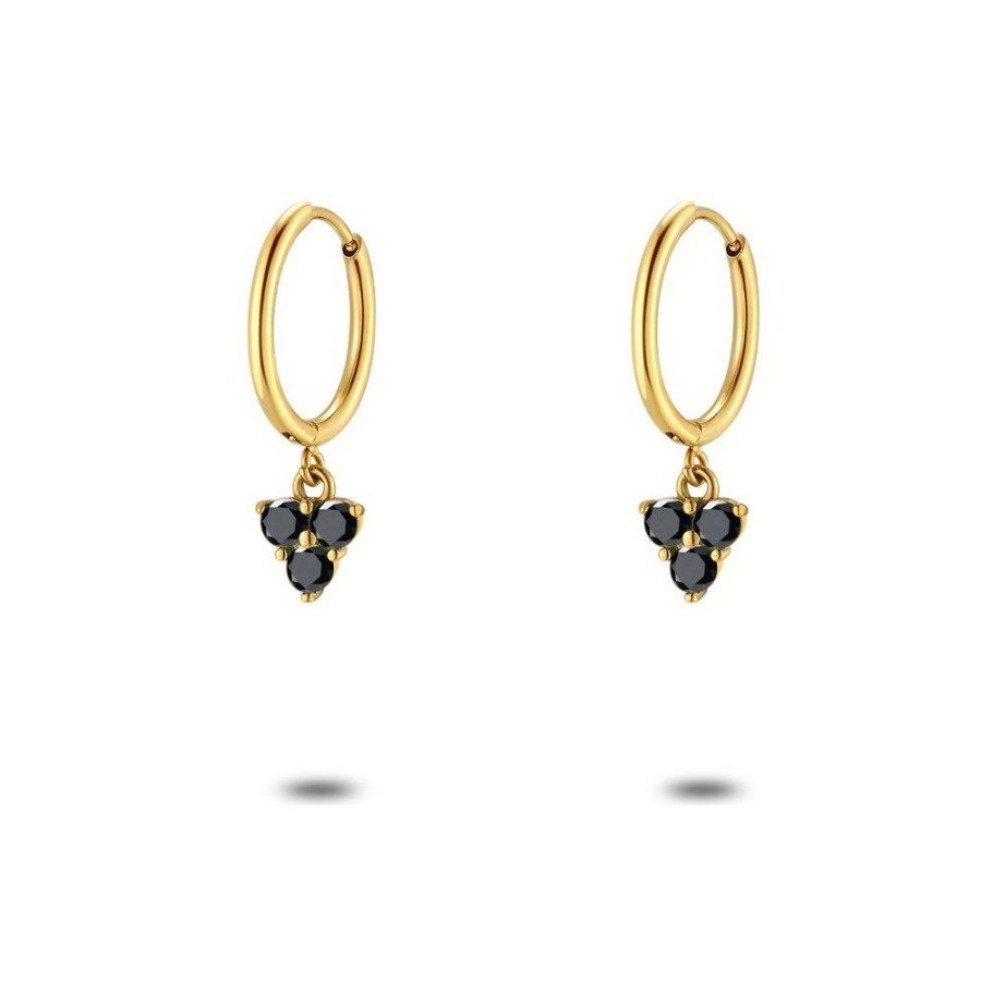 Women Twice As Nice | Earrings In Gold-Coloured Stainless Steel, Hoop, 3 Black Zirconia