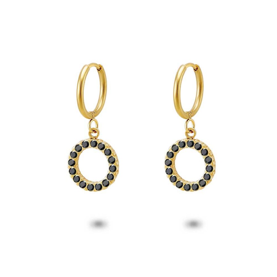 Women Twice As Nice | Gold Coloured Stainless Steel Earrings, Hoop With Circle And Black Crystals