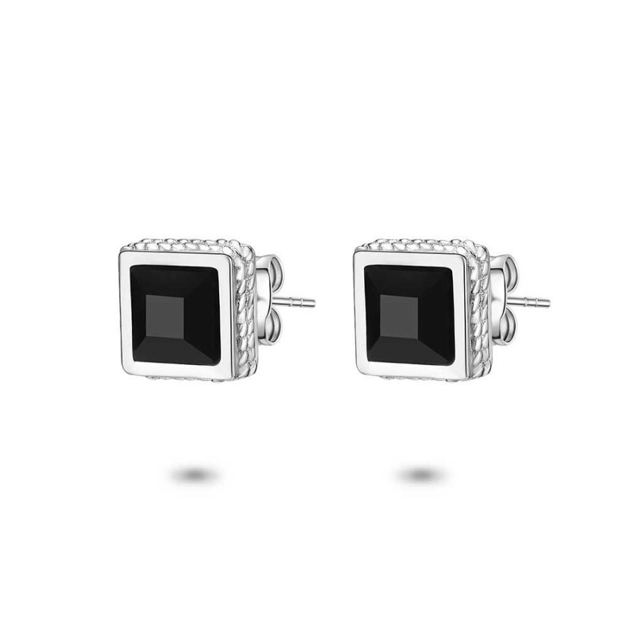 Women Twice As Nice | Stainless Steel Earrings, Black Squared Stone