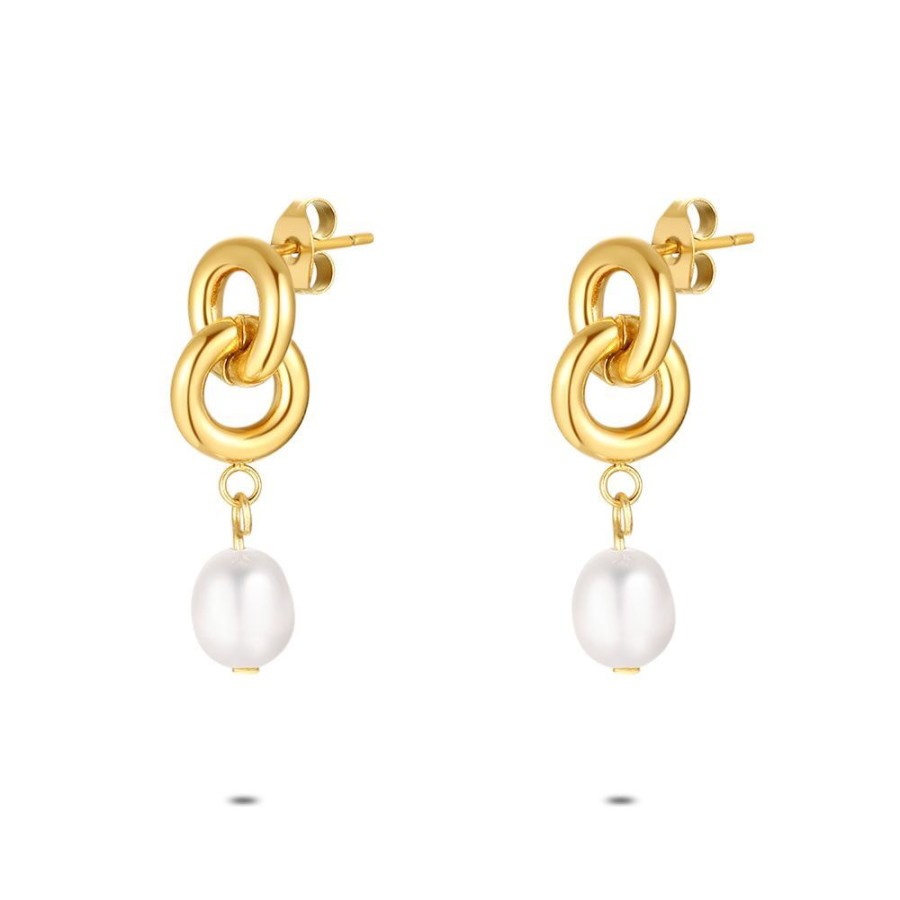 Women Twice As Nice | Gold Coloured Stainless Steel Earrings, Double Ring And Pearl