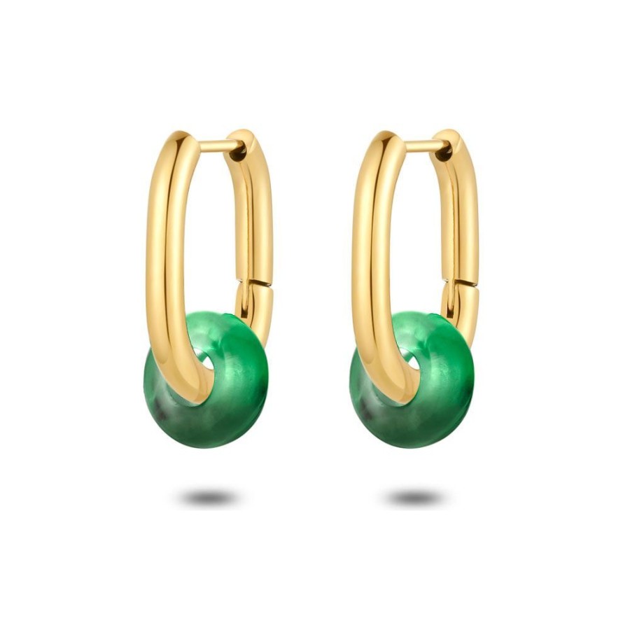 Women Twice As Nice | Gold Coloured Stainless Steel Earrings, Oval Hoops, Green Jade