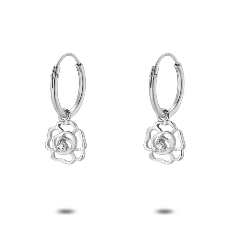 Women Twice As Nice | Silver Earrings, Hoop Earring, Open Rose, Zirconia