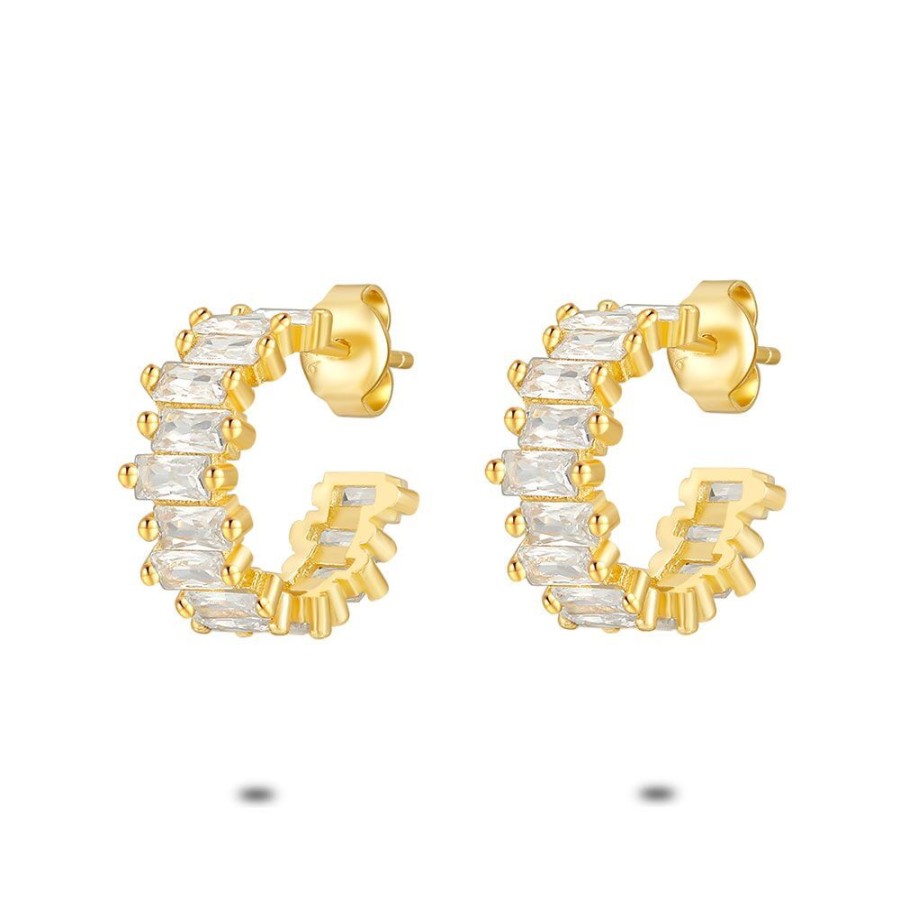 Women Twice As Nice | 18Ct Gold Plated Silver Open Hoop Earrings, Rectangular Zirconia