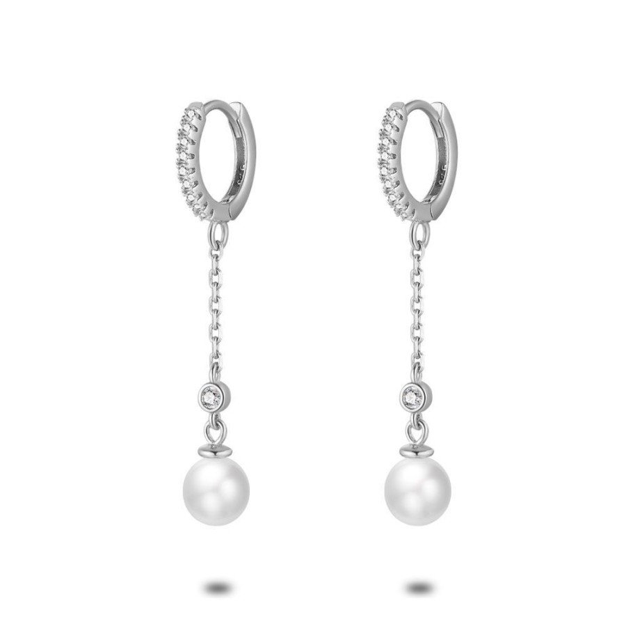 Women Twice As Nice | Silver Earrings, Hoop Earrings With Zirconia, Pearl On Chain