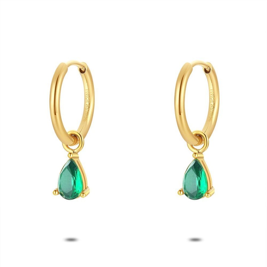 Women Twice As Nice | Gold Coloured Stainless Steel Earrings, Hoop With Drop-Shaped Green Zirconia