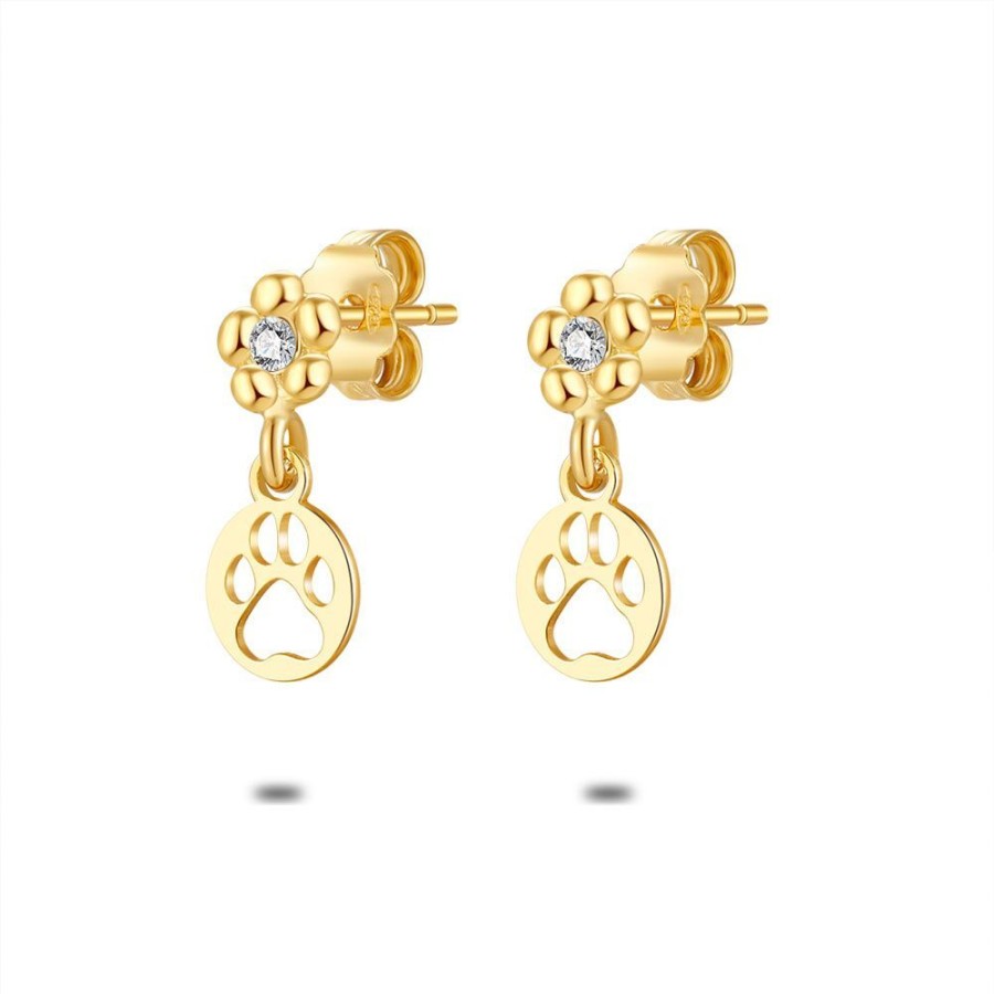 Women Twice As Nice | 18Ct Gold Plated Silver Earrings, Flower With Zirconia, Paw