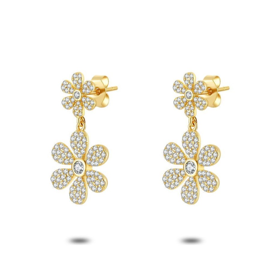 Women Twice As Nice | 18Ct Gold Plated Silver Earrings, Little And Big Flower, Zirconia