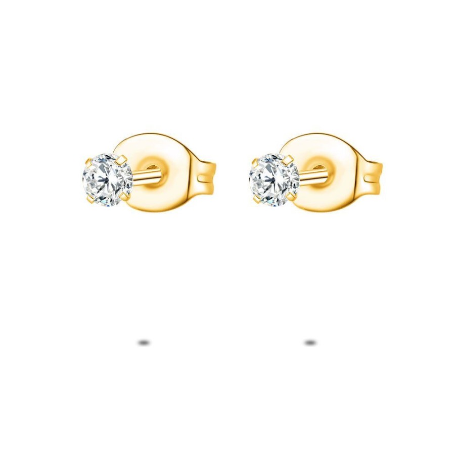 Women Twice As Nice | Gold Coloured Stainless Steel Earrings, 1 Zirconia Of 3 Mm