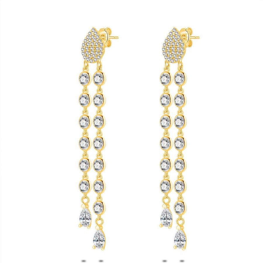 Women Twice As Nice | 18Ct Gold Plated Silver Earrings, 2 Zirconia Rows