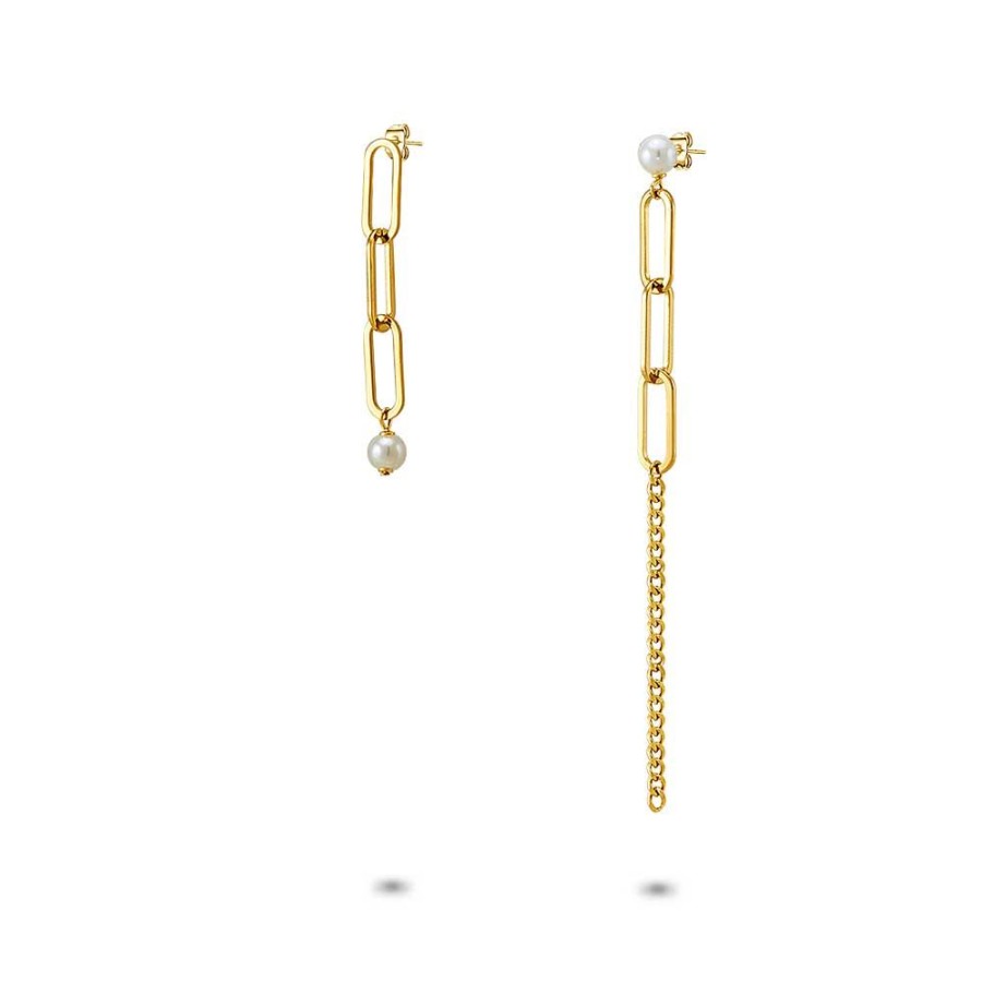 Women Twice As Nice | Gold Coloured Stainless Steel Earrings, Oval Links With Pearl