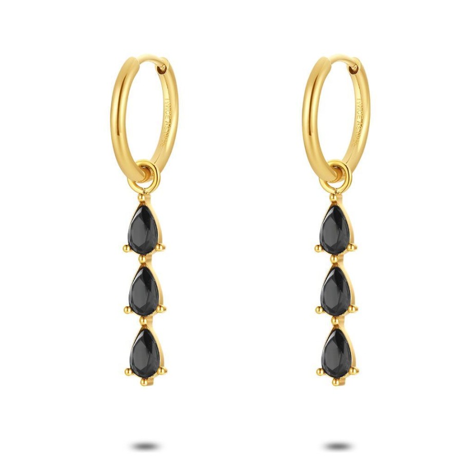 Women Twice As Nice | Gold Coloured Stainless Steel Earrings, Hoop With 3 Drop-Shaped Black Zirconia Stones