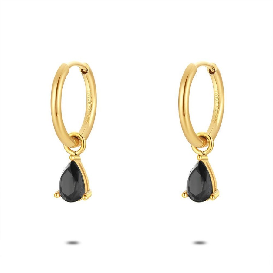 Women Twice As Nice | Gold Coloured Stainless Steel Earrings, Hoop With Black Drop-Shaped Zirconia Stone