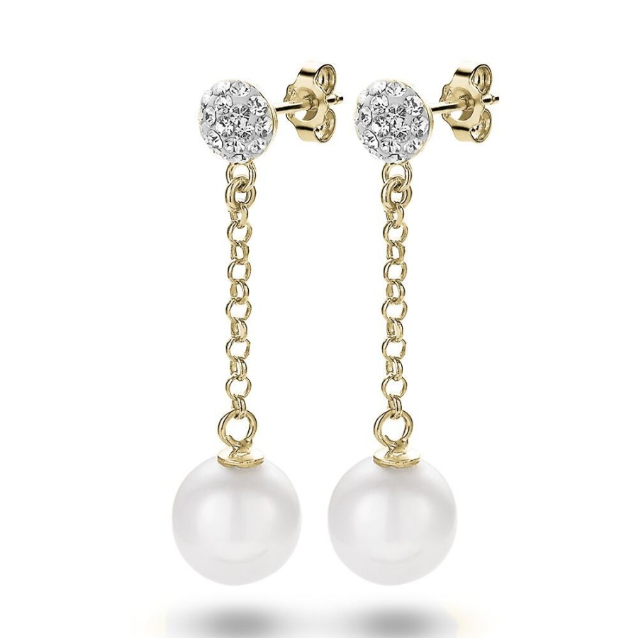 Women Twice As Nice | 18Ct Gold Plated Silver Earrings, Pearl And Small Crystal Ball