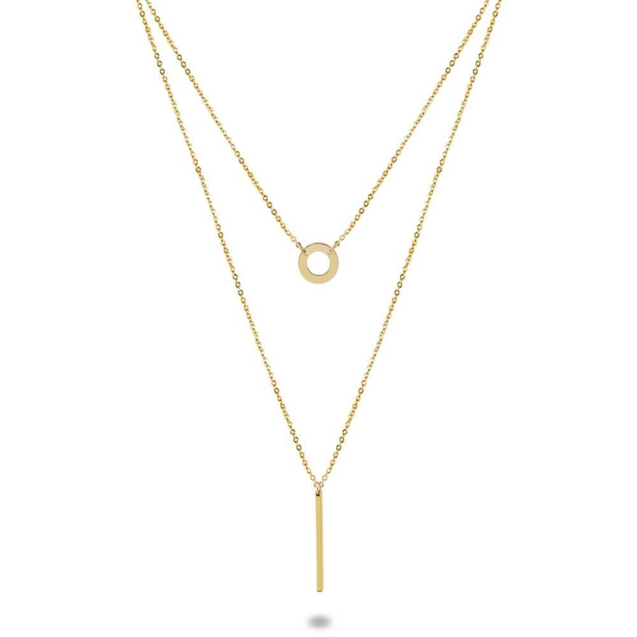 Women Twice As Nice | Gold-Coloured Stainless Steel Necklace, Cut-Out Circle And Thin Bar On Double Chain