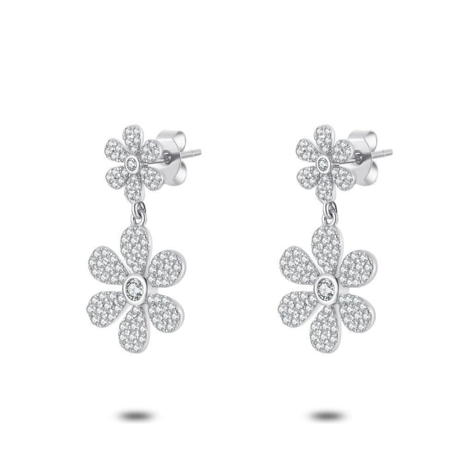 Women Twice As Nice | Silver Earrings, Dangling Flower With Zirconia