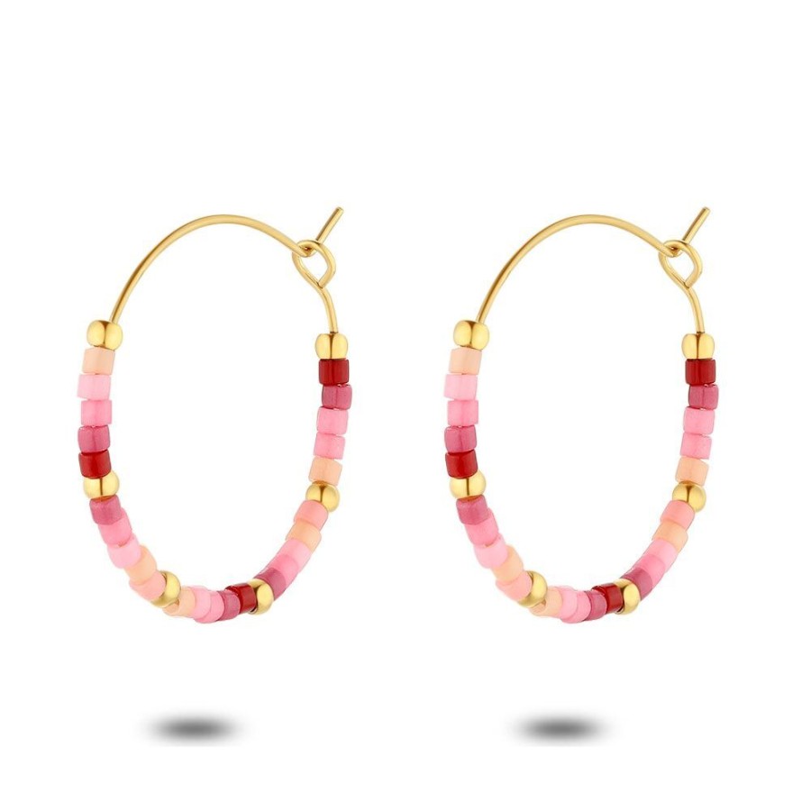 Women Twice As Nice | Gold Coloured Stainless Steel Earrings, Pink Miyuki Beads