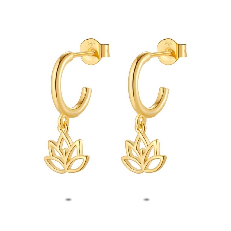 Women Twice As Nice | 18Ct Gold Plated Silver Earrings, Open Hoop, Lotus Flower