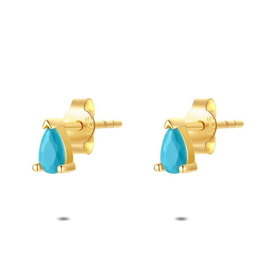 Women Twice As Nice | 18Ct Gold Plated Silver Earrings, Drop In Turcuoise Zirconia