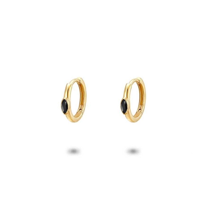 Women Twice As Nice | 18Ct Gold Plated Silver Earrings, Hoop With Black Ellipse