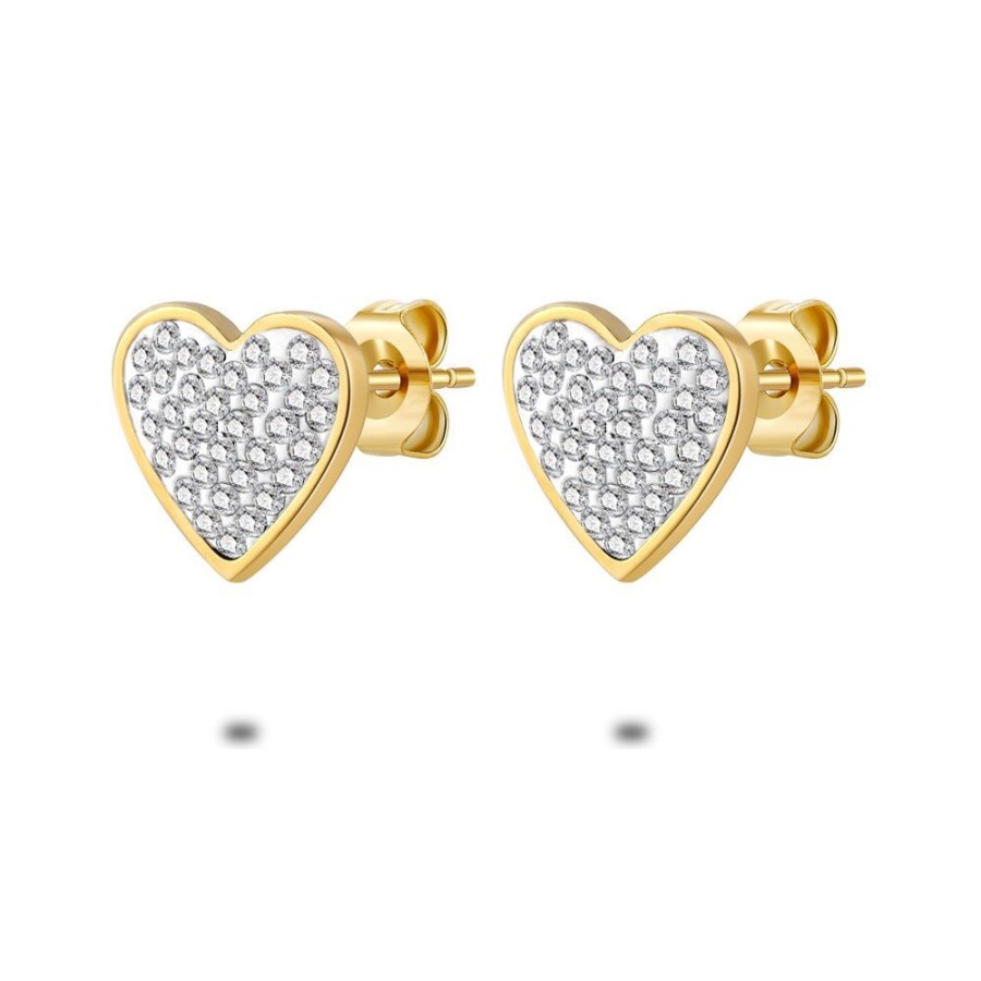 Women Twice As Nice | Gold Coloured Stainless Steel Earrings, 1 Cm Heart, Crystals